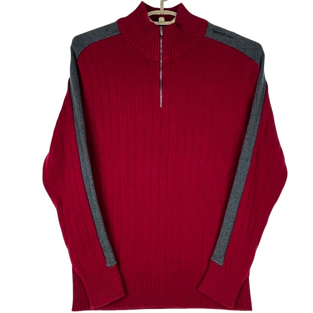 Calvin Klein Jeans Sweater Mens L Red Gray Stripe Ribbed Quarter Zip